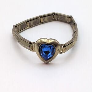 Vintage Childs Expansion Bracelet Sweetheart Jewelry Blue Heart Rhinestone 6in